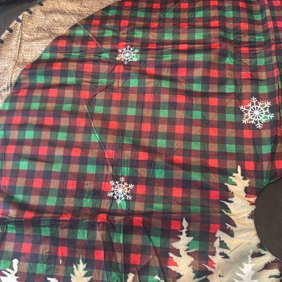 Christmas Tree Skirt Mat Plaid with Trees Reindeer & Snowflakes 47” NEW - Picture 5 of 11